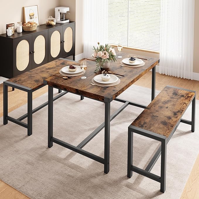 Dining Table Set for 4 with 2 Benches, 3-Piece Kitchen Table Set, Space-Saving - Image 2