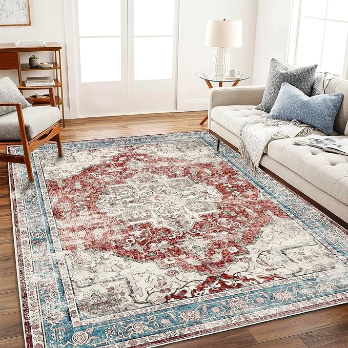 Area Rug 6'x9' Washable Red Blue Rug Vintage Traditional Floor Cover Retro by CHAMPLANT