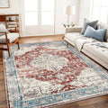 Area Washable Rug 5'x7' Red Blue Washable Vintage Traditional Floor Cover Thin by CHAMPLANT