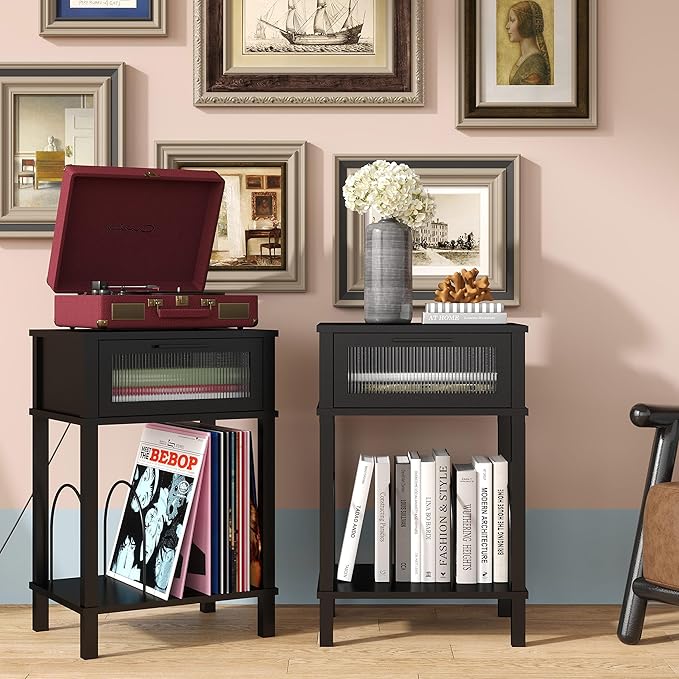 End Table with Record Player Stand, Side Table with Storage, 2-Tier Nightstand - Image 5