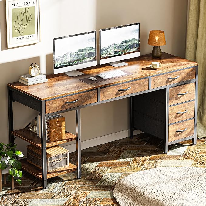 Huuger Computer Desk with 6 Drawers, 54 Inch Office Desk with Shelves, - Image 7