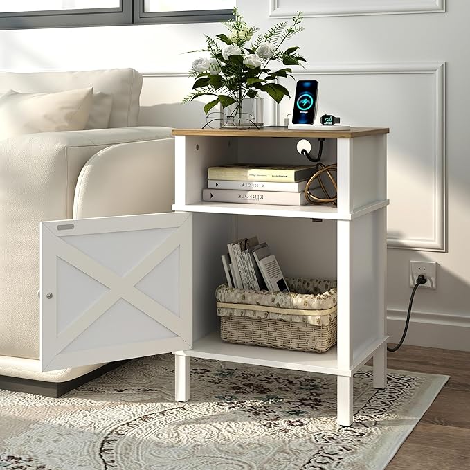 Farmhouse Nightstand with Charging Station, End Table with Storage, Night Stand - Image 2