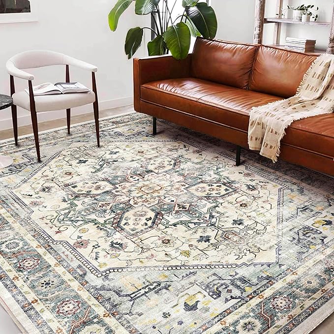 Washable Area Rug 8'x10' Cyan Khaki Retro Boho Design Non-Shedding Non-Slip - Image 2