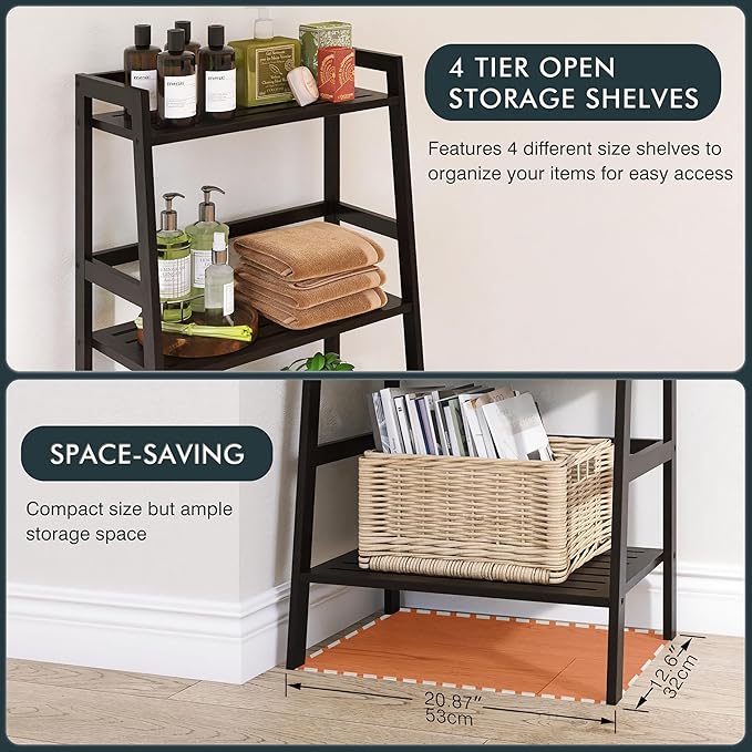 HITNET Black Bookshelf, 4-Tier Ladder Shelf, Freestanding Leaning Bookcase - Image 9