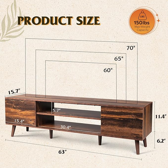 WLIVE TV Stand for 65 70 inch TV, Mid Century Modern TV Console, Entertainment - Image 3
