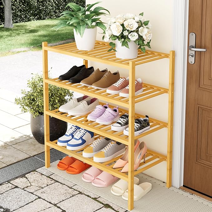 Smiry Shoe Rack, 4 Tier Thick Bamboo Shoe Organizer, Stackable Free Standing - Image 7