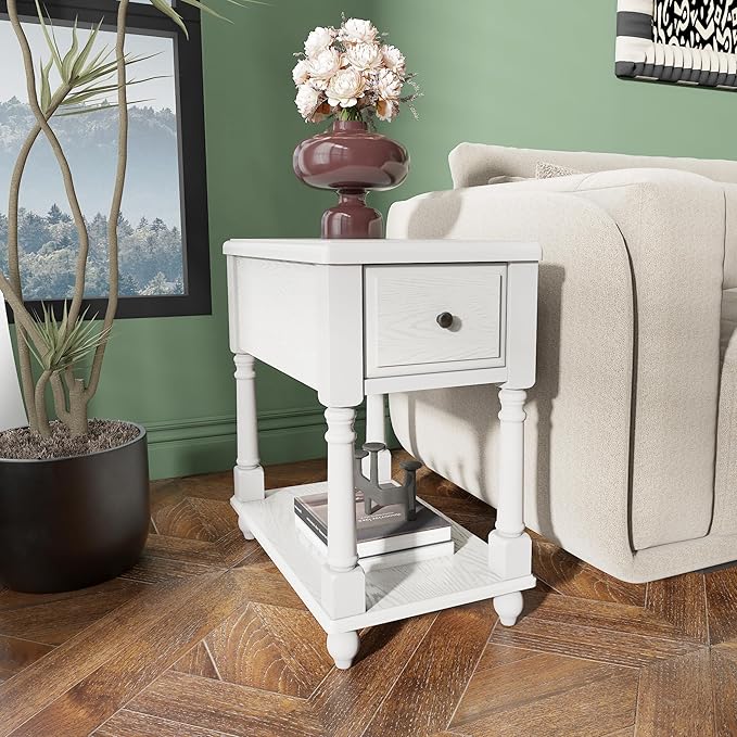 Narrow End Table with Drawer and Open Storage Shelf, Solid Wood Sofa Side Table - Image 5