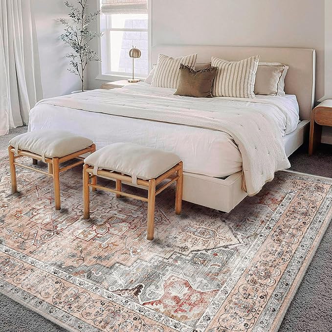 Area Rug 6'x9' Light Cyan and Light red Washable Vintage Traditional Floor - Image 2