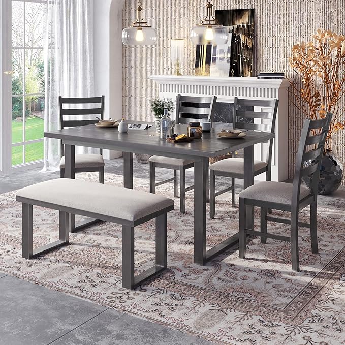 6 Pieces Dining Table Set with 60" Rectangle Kitchen Desk, Wooden Living Room by Unknown