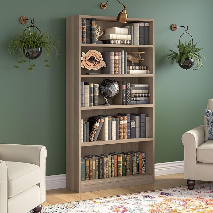 Bush Furniture Universal Tall 5 Shelf Bookcase in Ash Gray - Image 2
