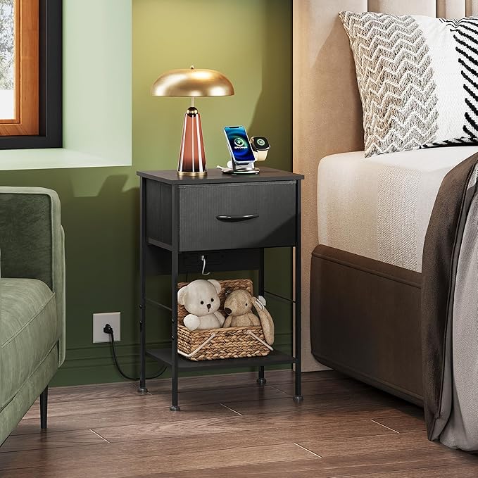 WLIVE Night Stand with Charger Station, Small Nightstand with 1 Fabric Drawer - Image 2