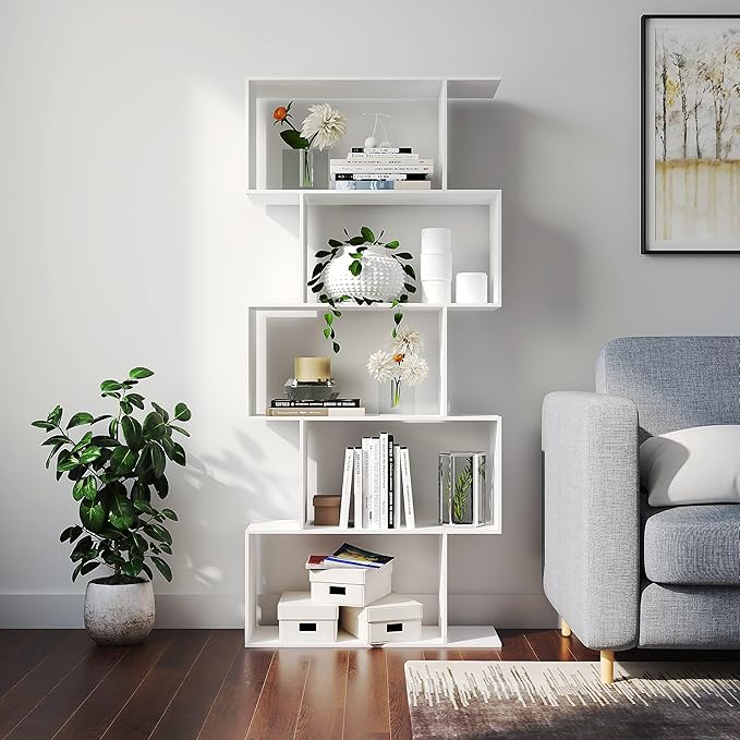 Yusong Bookshelf 5-Tier, Geometric Bookcase S Shaped Book Shelves - Image 9