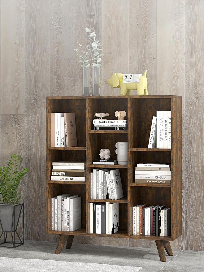 Manora Rustic Brown 10 Cube Mid Century Modern Bookshelf, Wooden Storage - Image 2