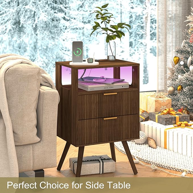 Nightstand with Charging Station and LED Lights, Modern Bedside Table with 2 - Image 7