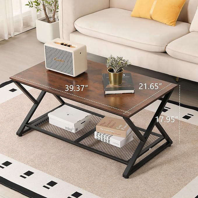 SENIG Coffee Table with Storage Shelf, Industrial Metal Wood Living Room Tables - Image 3