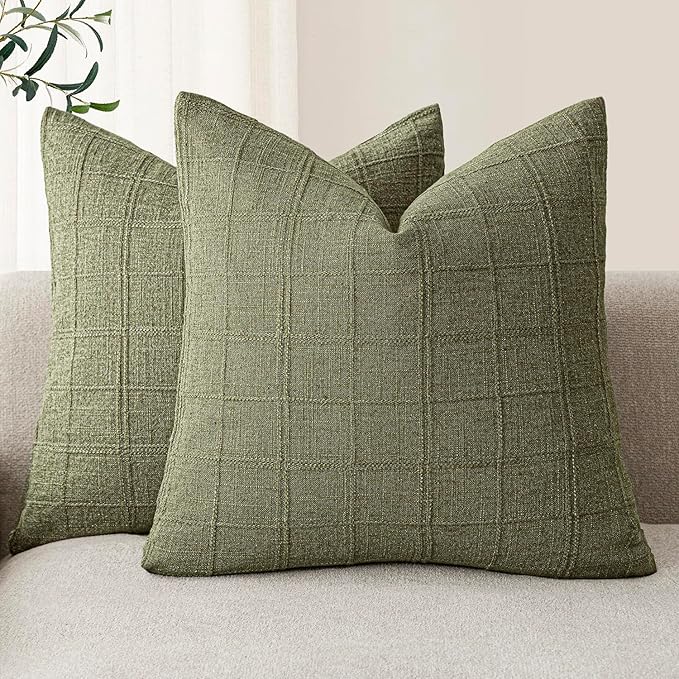 Foindtower Set of 2 Decorative Linen Check Throw Pillow Covers Neutral by Foindtower