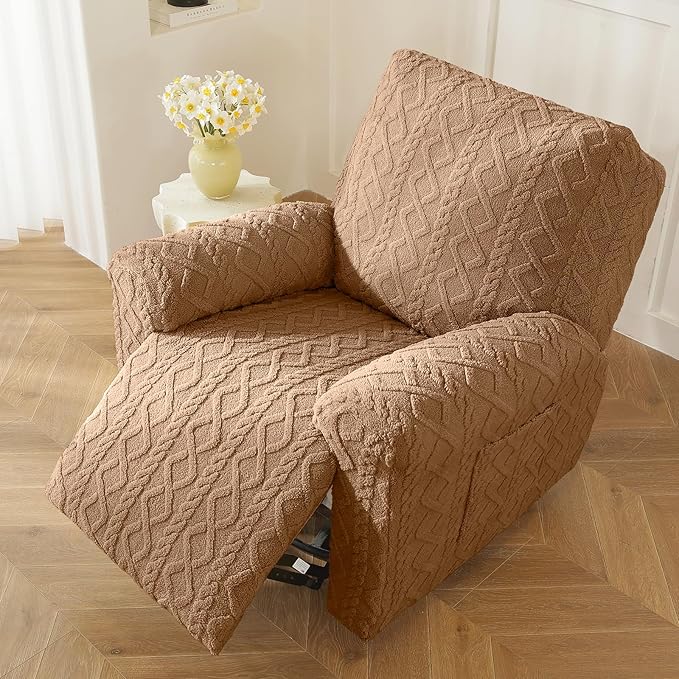 vctops 4 Pieces Geometric Jacquard Plush Recliner Slipcovers Soft Fuzzy Fluffy - Image 6