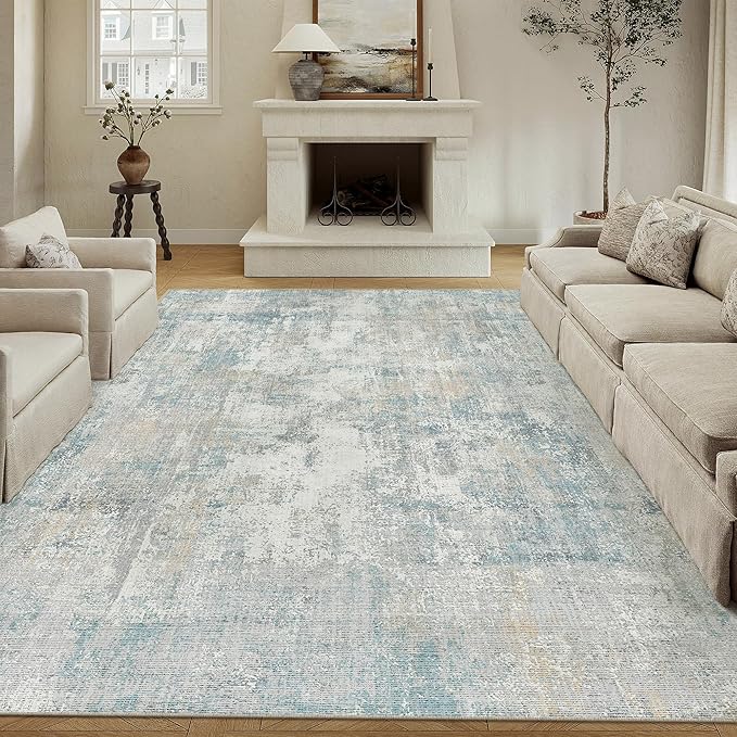 8x10 Washable Area Rug Blue Cream Modern Neutral Abstract Living Room Bedroom - Image 3