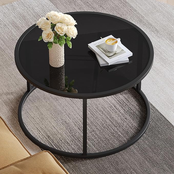 SAYGOER Black Glass Coffee Table Small Round Coffee Tables 27.6In Modern - Image 2