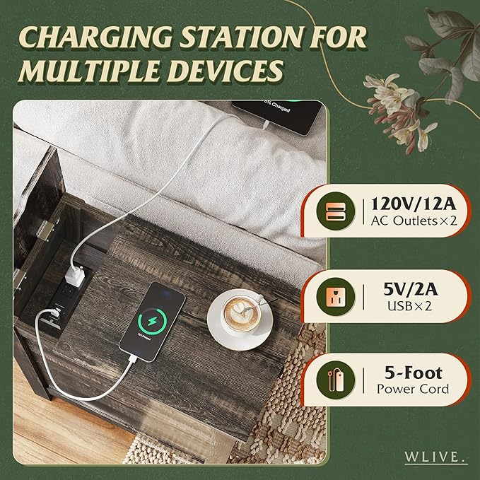 WLIVE End Table with Charging Station, Side Table with USB Ports and Outlets - Image 4