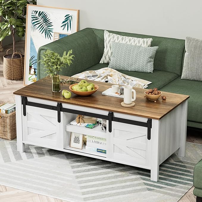 YESHOMY Coffee Table with Sliding Barn Doors & Storage, Wooden Center - Image 3