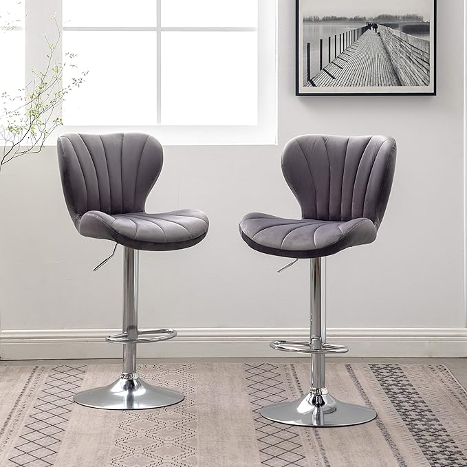 Roundhill Furniture Ellston Velvet Adjustable Swivel Barstools in Gray - Image 15