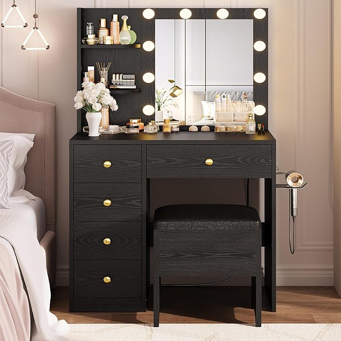 IRONCK Vanity Desk with Mirror and Lights, Small Makeup Vanity Table with 5 - Image 3