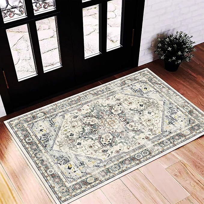 2'x3' Cyan Khaki Area Rug Washable Door Mat Vintage Distressed Doormat Indoor by CHAMPLANT