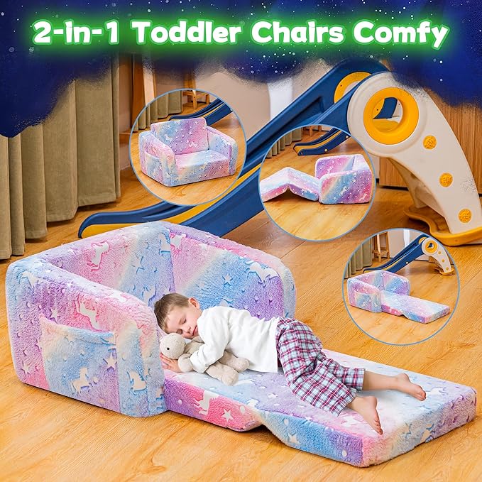 Lamerge 2-in-1 Soft Toddler Couch Fold Out, Foldable Toddler Chair, Glow in The - Image 6