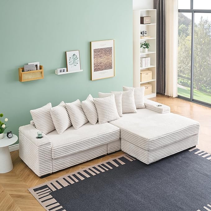 KEIKI 114" Corduroy Sofa with Cup Holders & Storage, L Shaped Sleeper Cloud - Image 7
