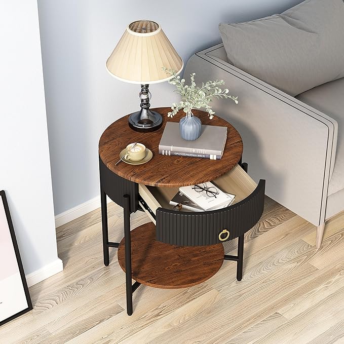 OIOG Modern Side Table with Drawer, Industrial 2 Tier End Table with Shelf - Image 3