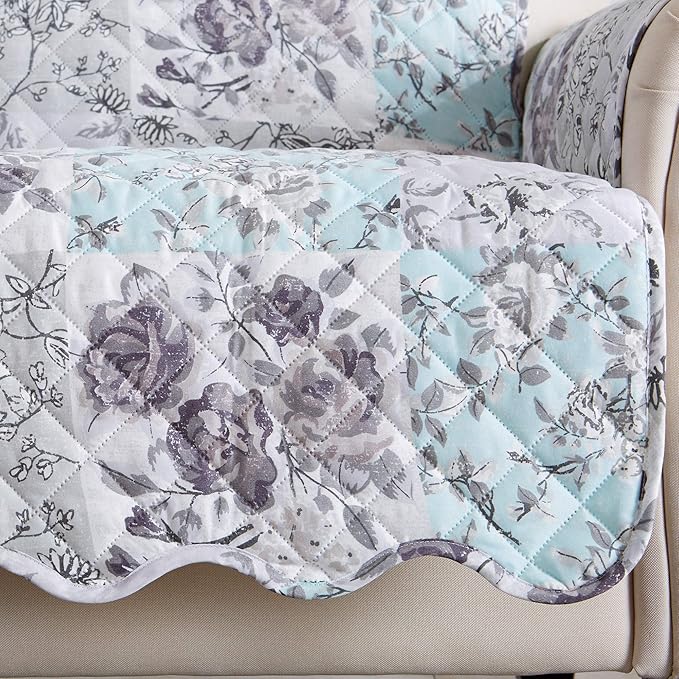 Reversible Floral Patchwork Furniture Protector Scalloped Edge Stain Resistant - Image 2