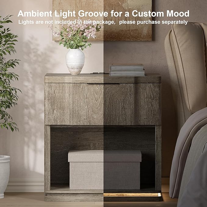 Night Stand with Charging Station, Wooden Mid Century Modern Nightstand with - Image 5