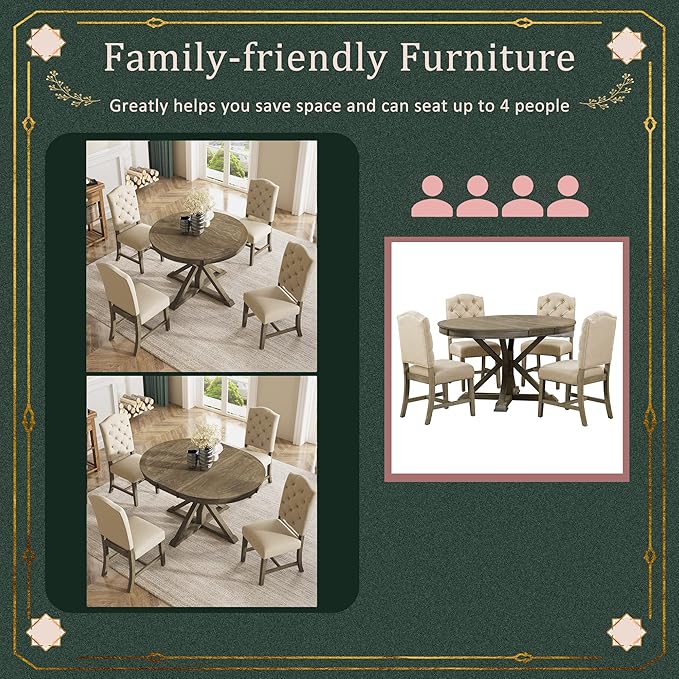 SogesPower 5-Piece Round Farmhouse Retro Dining Table Set - Image 7