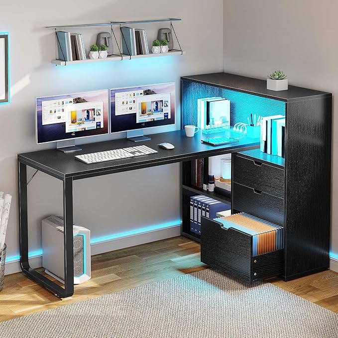 DWVO L Shaped Desk with Drawers, Home Office Desk with Storage Shelves - Image 3
