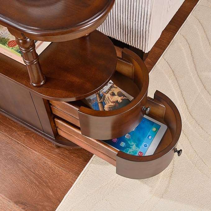 Wood End Table with 2 Drawers and Storage Shelf, Narrow Sofa Side Table - Image 4