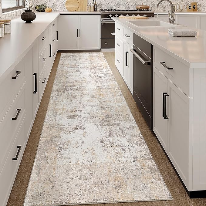 3x12 Washable Runner Rug Beige Grey Neutral Abstract Hallway Kitchen Living - Image 4