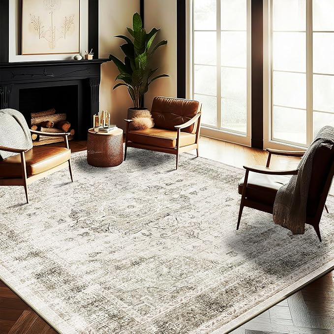 Washable Area Rug 8'x10' Retro Floral Khaki Boho Design Non-Shedding Non-Slip by CHAMPLANT