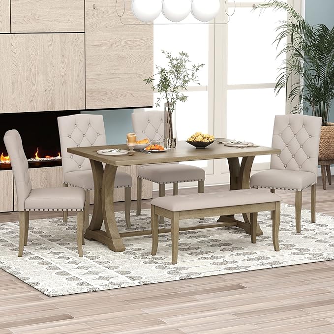Ball & Cast Dining Table Set for 6, 6-Piece Farmhouse Dining Furniture Set by BallCast