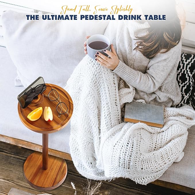Pedestal Side Table, Acacia Drink Table - Image 5