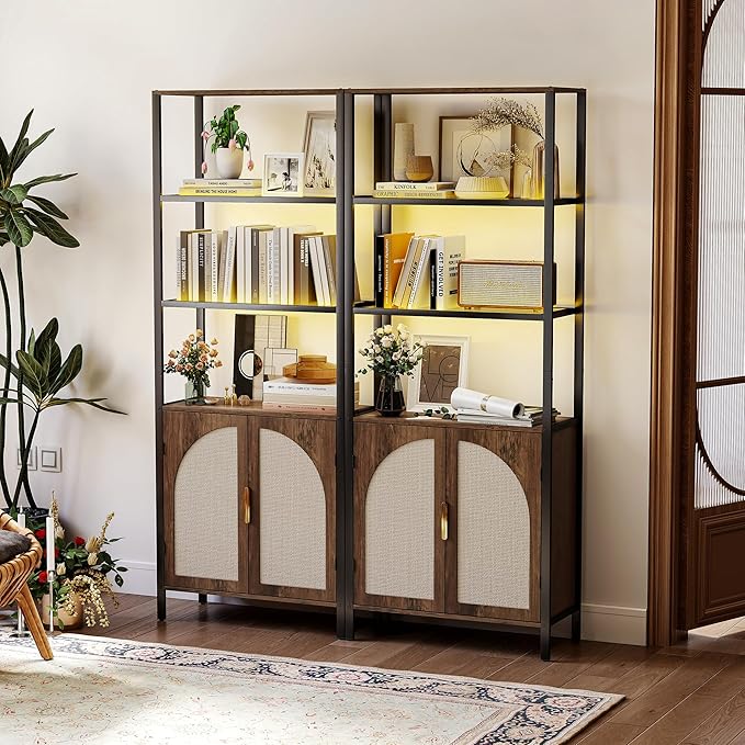 Bookshelf with Rattan Doors, 5 Tier Book Shelf Storage Organizer - Image 2