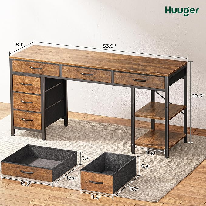 Huuger Computer Desk with 6 Drawers, 54 Inch Office Desk with Shelves, - Image 3
