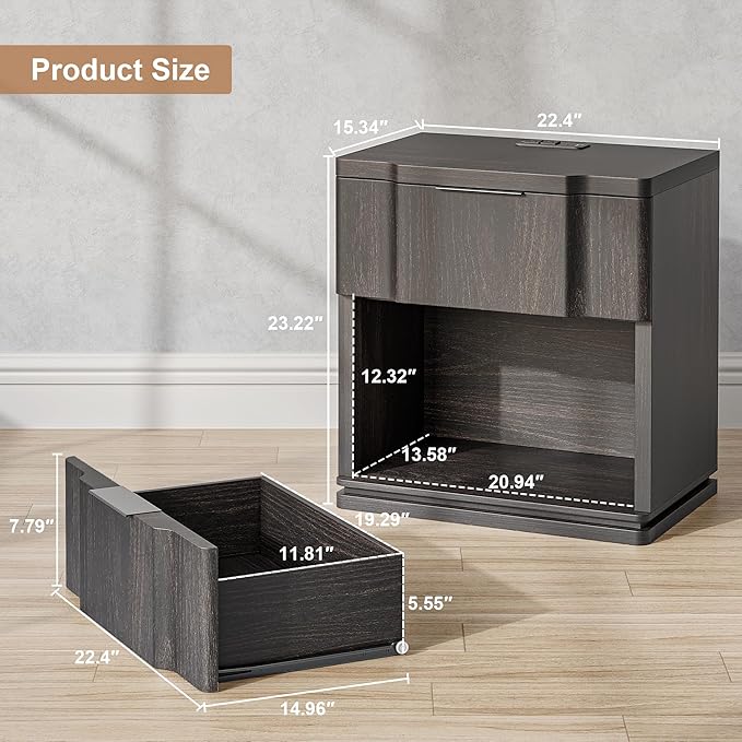 Nightstand with Charging Station, Wooden Curved Night Stand Bedside Tables with - Image 2