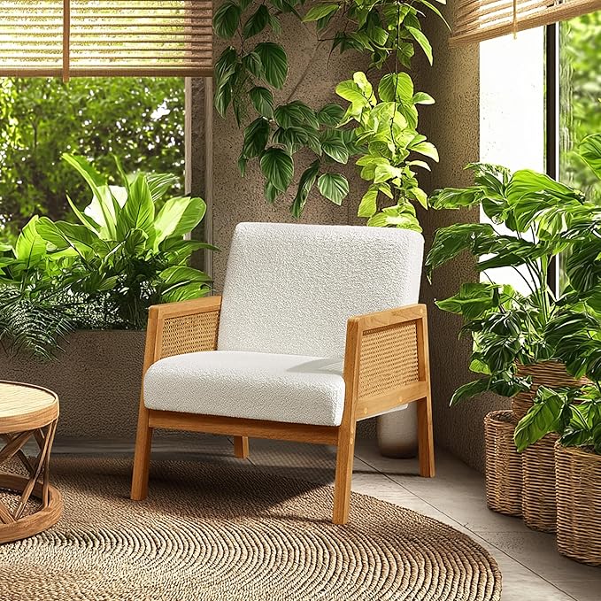 Yaheetech Boucle Fabric Accent Chair, Vintage Rattan Vanity Chair - Image 7