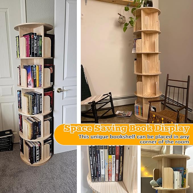 5 Tier Rotating Bookshelf Tower 360 Display Spinning Bookshelf Tower Floor - Image 4