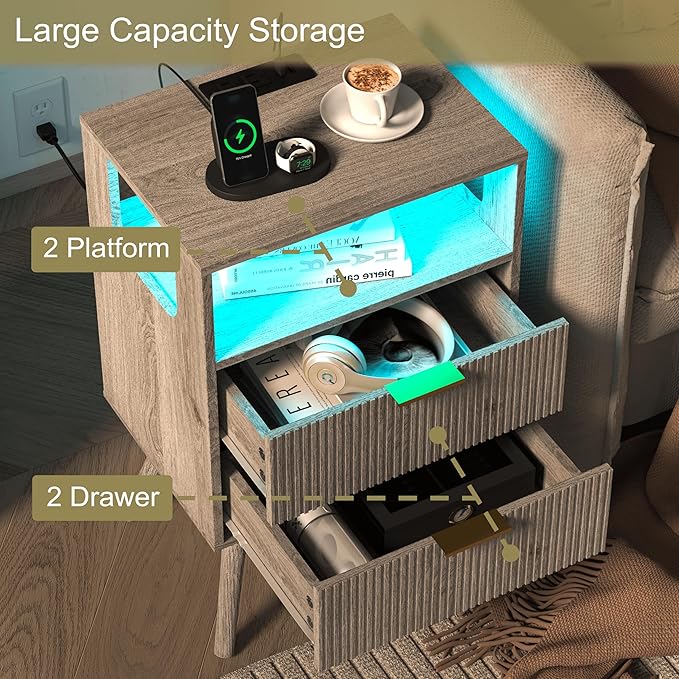 Nightstand with Charging Station and LED Lights, Modern Bedside Table with 2 - Image 6