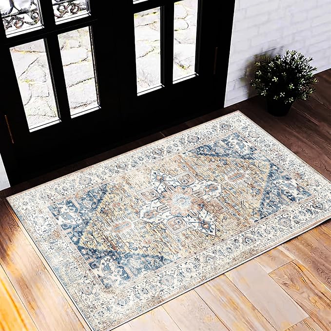 Area Rug 2x3 Washable Rug Door Mat Vintage Distressed Rug Doormat Indoor by CHAMPLANT