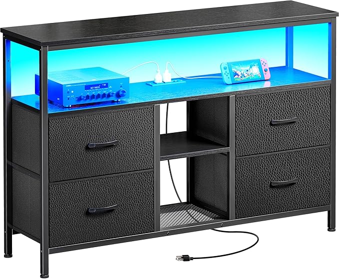 Huuger TV Stand Dresser with Power Outlets and LED Lights, 4 Drawers by Huuger