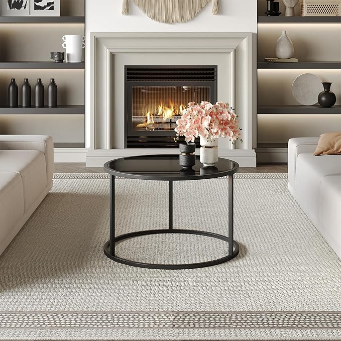 SAYGOER Black Glass Coffee Table Small Round Coffee Tables 27.6In Modern - Image 9