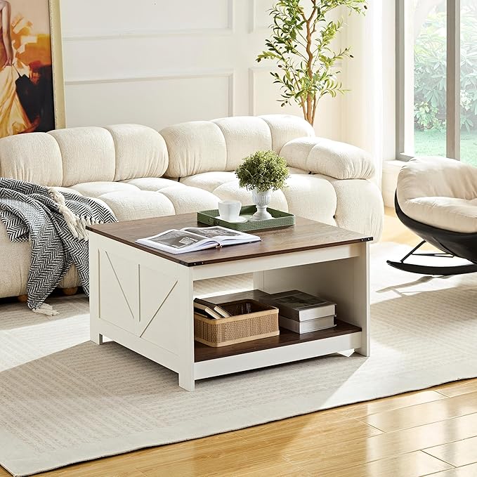 Farmhouse Coffee Table for Living Room, Wood Square Coffee Tables, 31.5" D x by Unknown